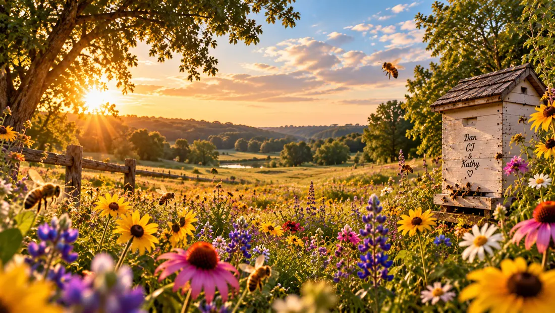 Wildflower meadow at golden hour with beehives along the treeline.