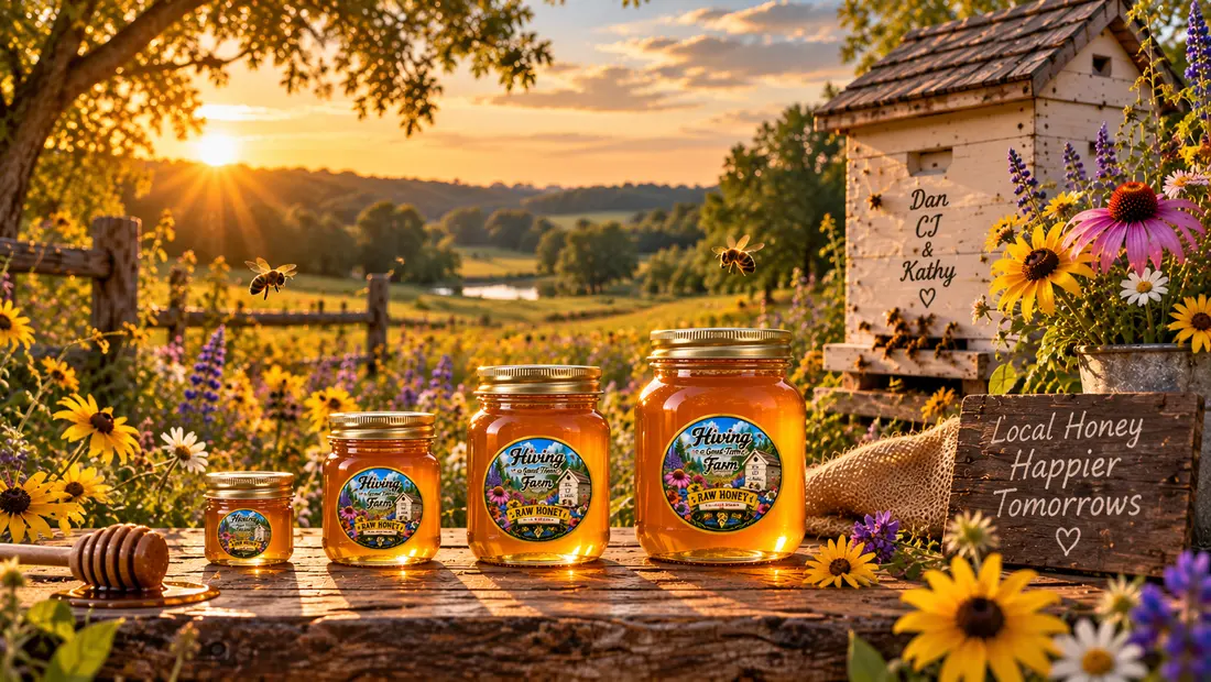Jars of honey lined up on a weathered wooden table beside a beehive.